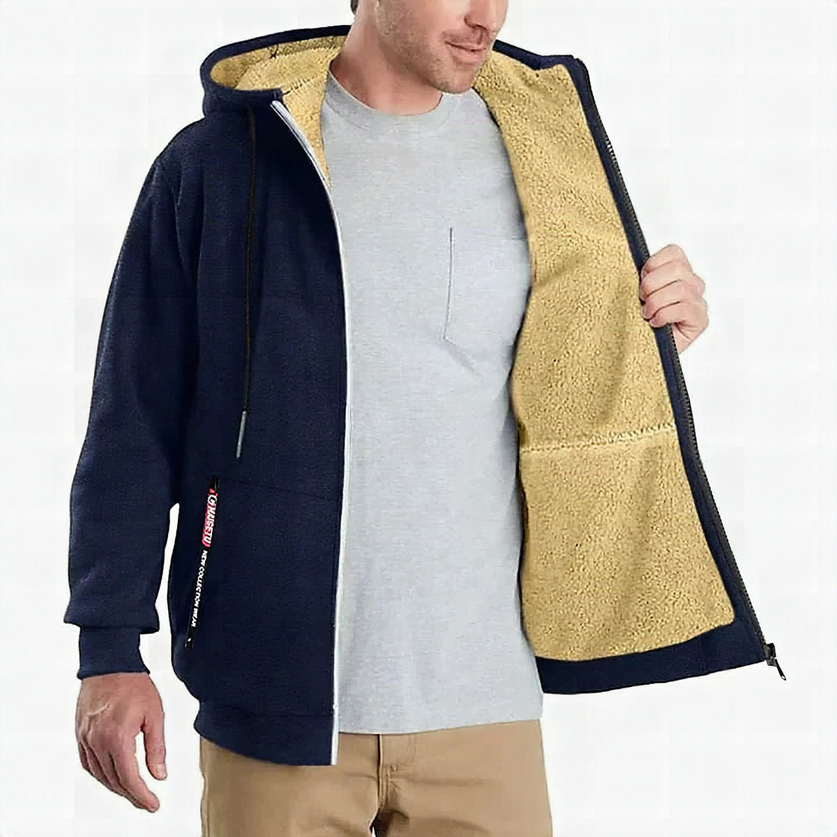 Detalle de la cremallera frontal y capucha de la chaqueta TOMMY