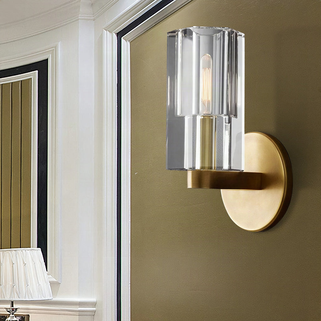 Aplique de pared modernista con cilindro de cristal transparente y placa redonda en latón