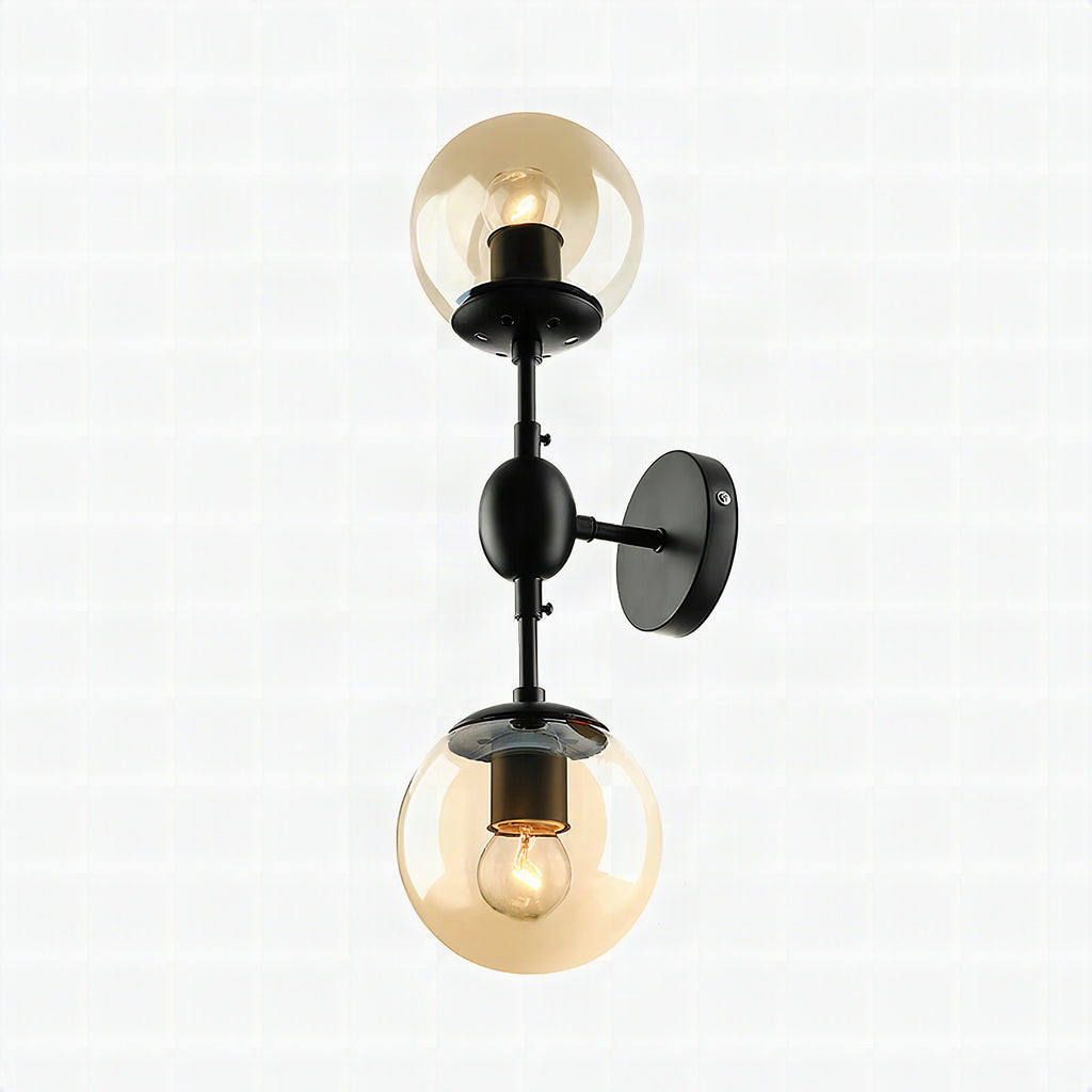 Aplique de pared industrial negro con 2 luces y pantallas globo de cristal ámbar