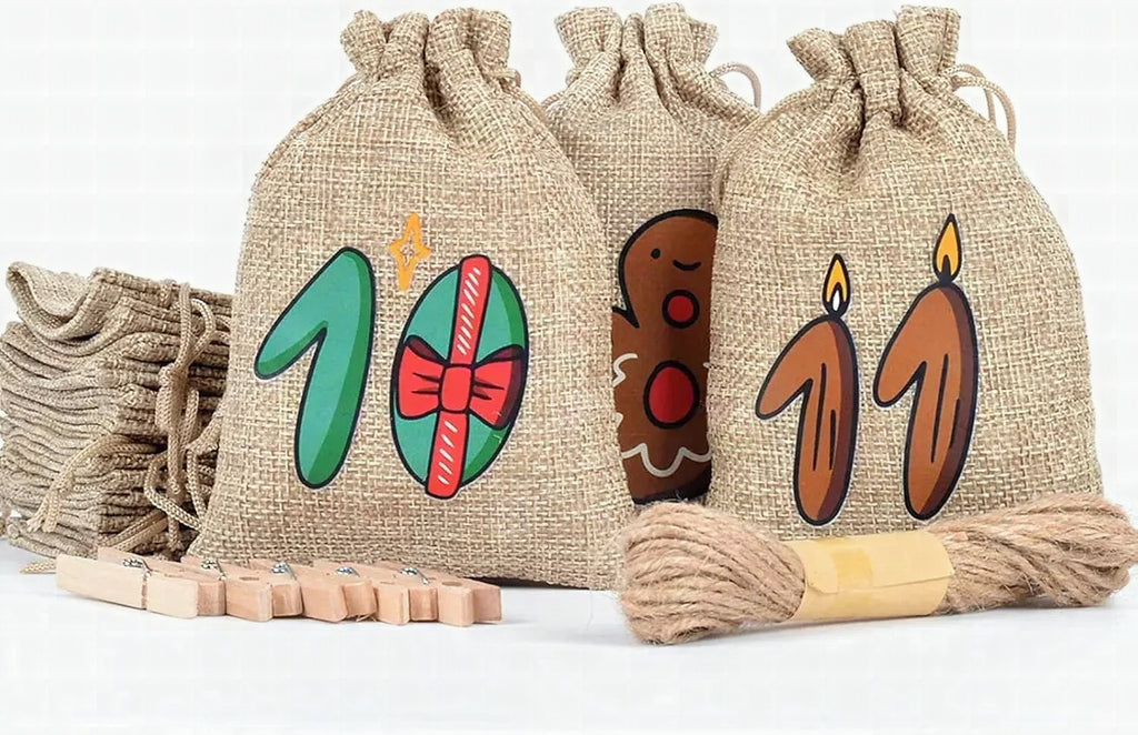 Calendario de adviento DIY de yute con 24 bolsitas vacías para Navidad