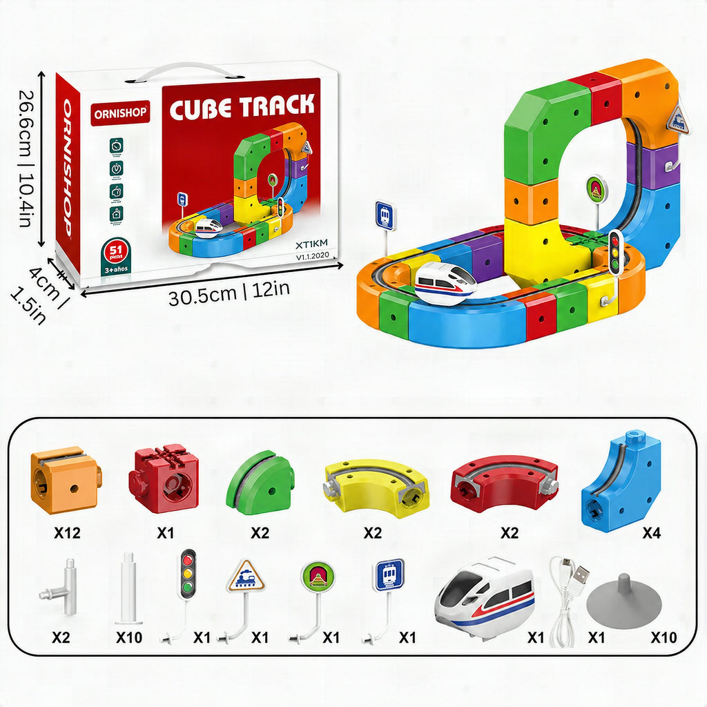 Niño montando la pista de canicas 3D educativa con bloques coloridos desarrollando coordinación y razonamiento espacial