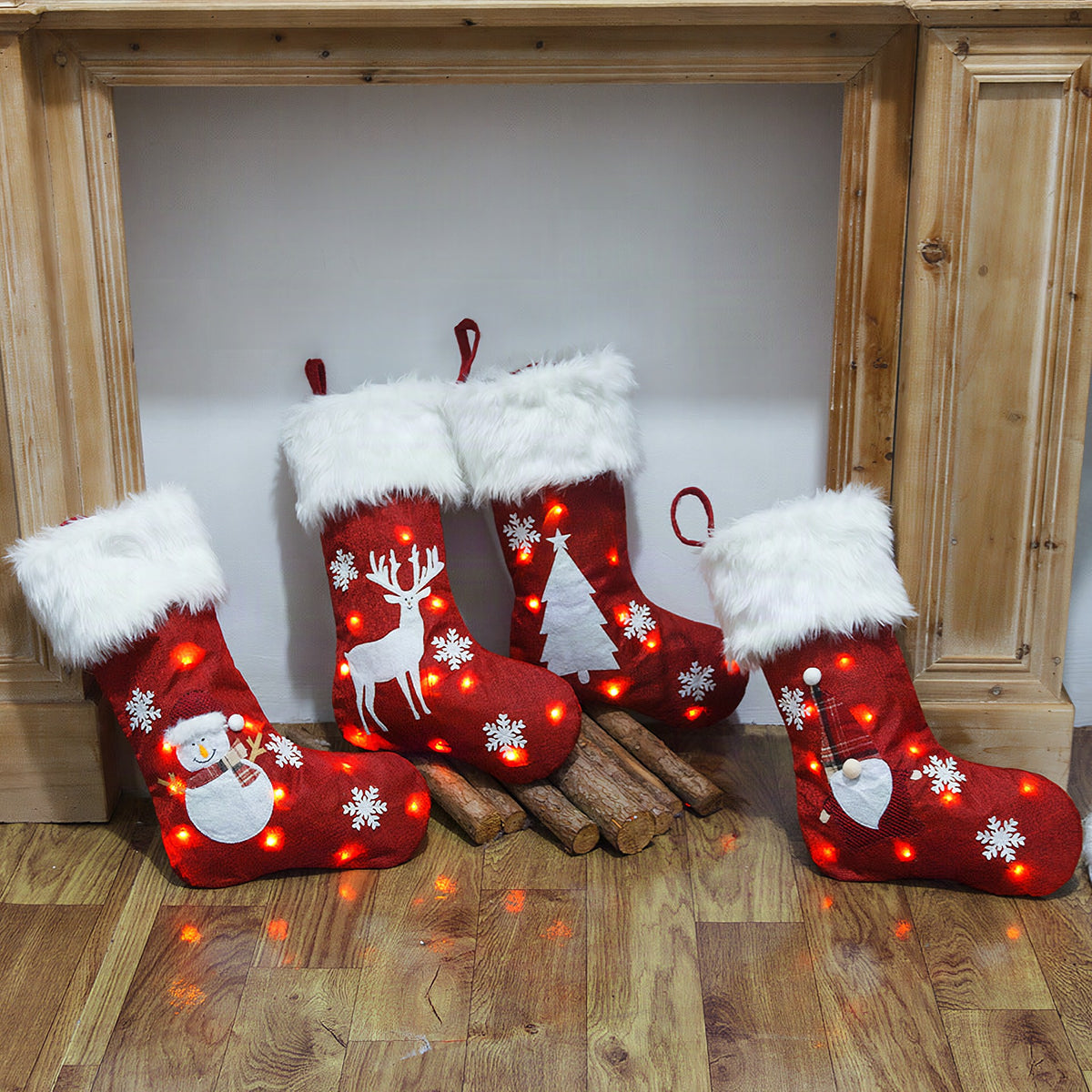 Calcetín navideño decorativo con luces LED y bordado de arpillera