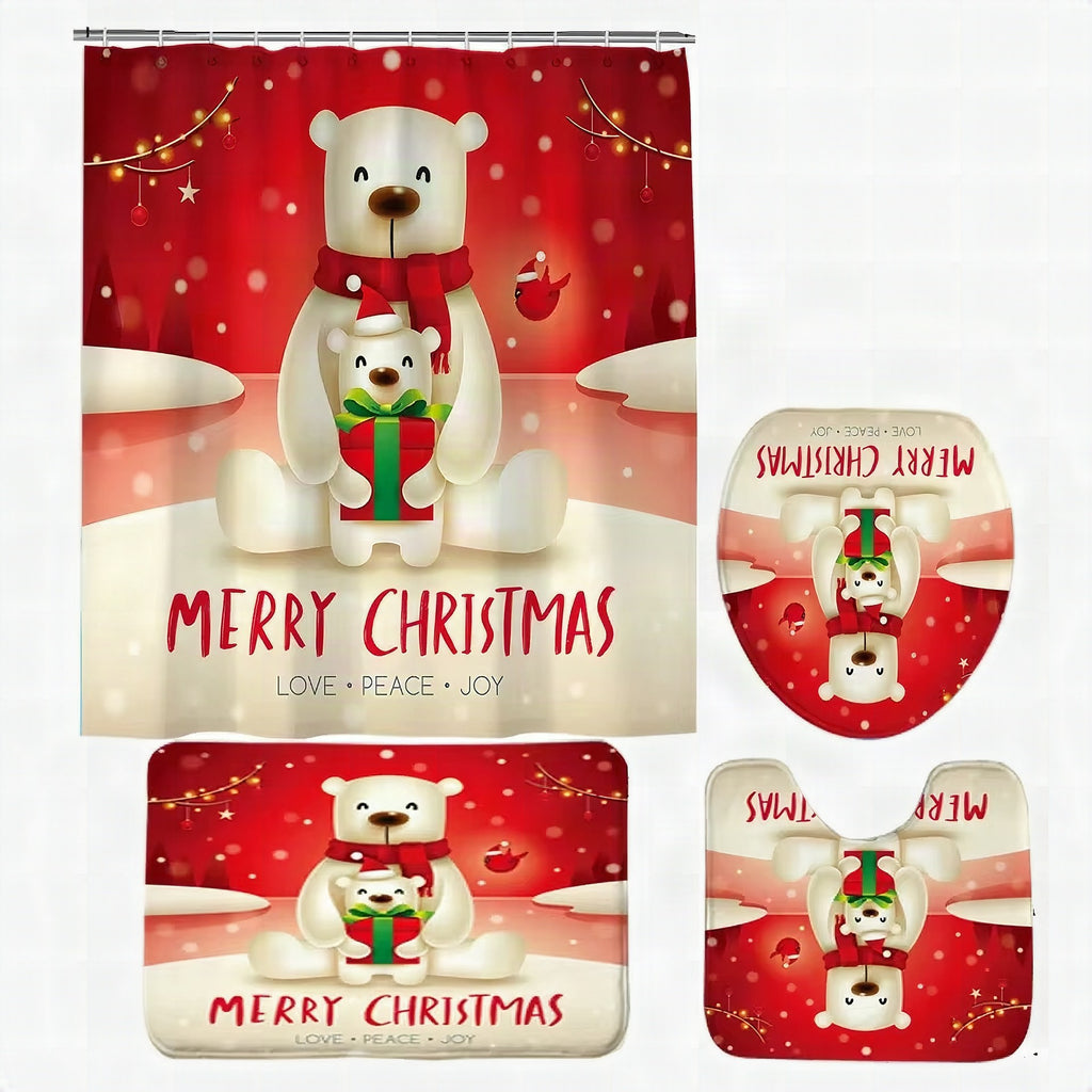 Conjunto navideño de baño con cortina de ducha, alfombrilla antideslizante, tapa de inodoro y alfombra – diseño invernal