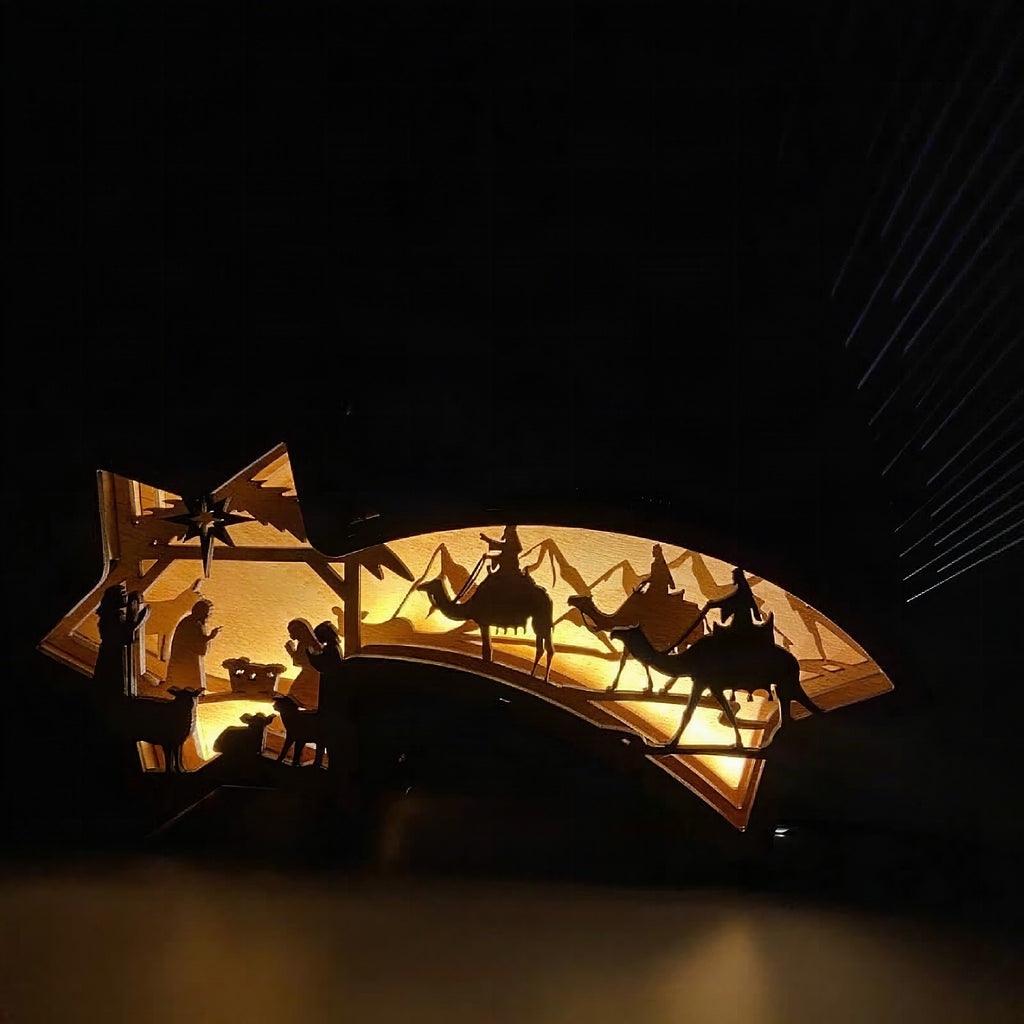 Lámpara de sobremesa LED navideña de madera con forma de estrella y belén