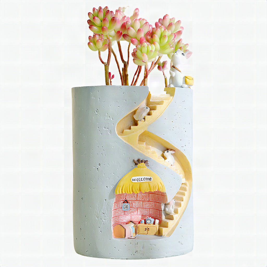 Maceta decorativa con escalera y miniaturas de erizo y conejo para plantas