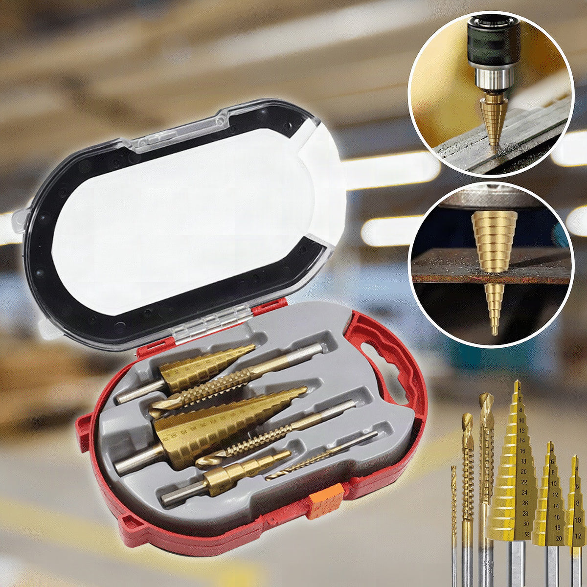 Kit de brocas escalonadas SpeedCut – Acero rápido con titanio para madera, plástico y metal