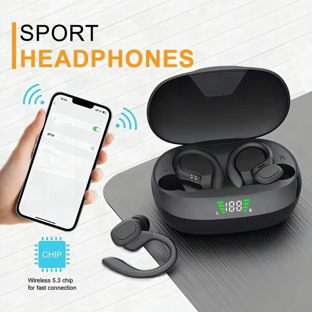 Auriculares inalámbricos deportivos SP16 con gancho de oreja, resistentes al agua y sonido HiFi estéreo