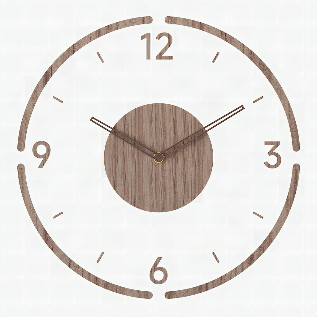 Detalle del reloj de pared nórdico mostrando la textura de madera y las agujas minimalistas