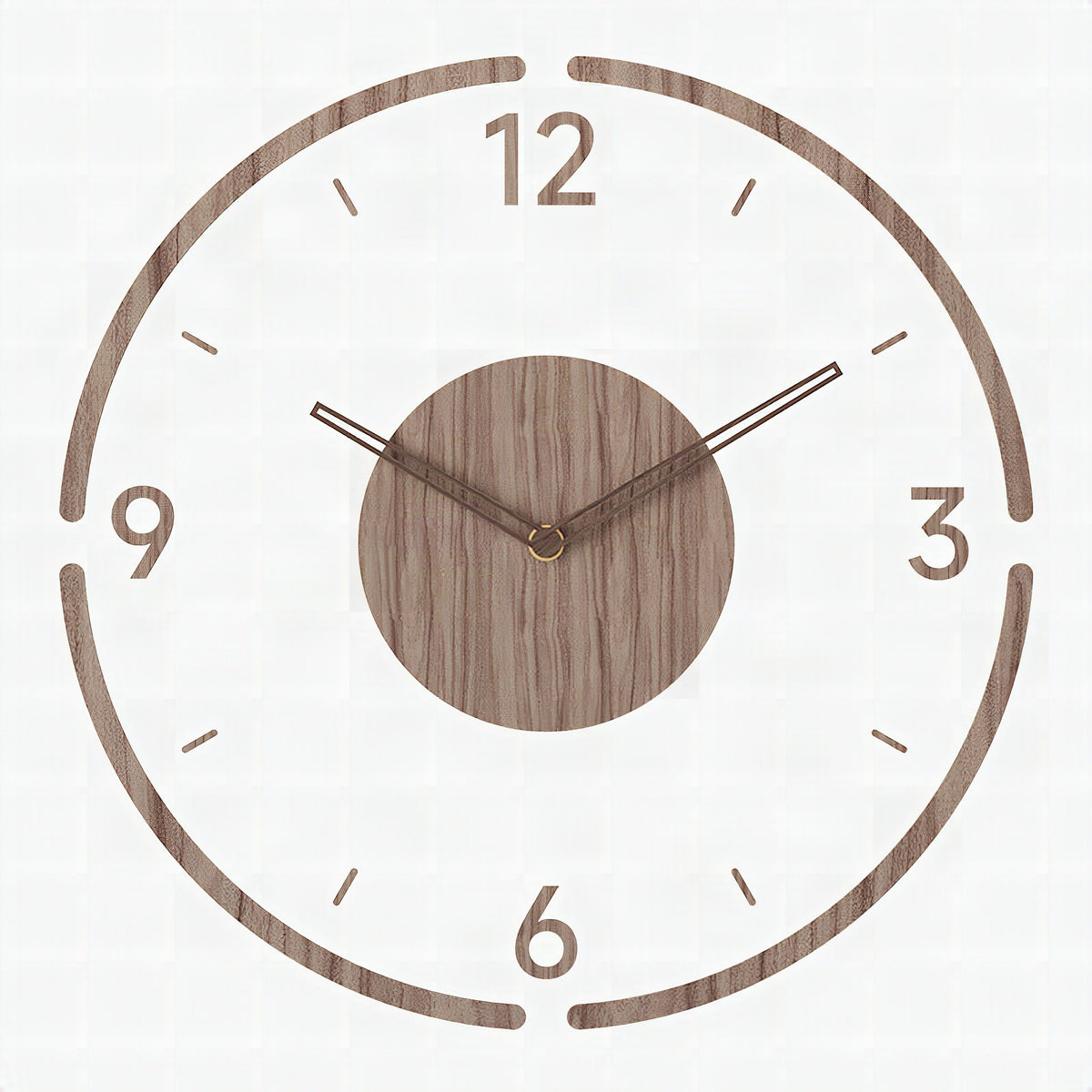 Detalle del reloj de pared nórdico mostrando la textura de madera y las agujas minimalistas
