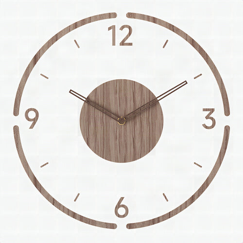Detalle del reloj de pared nórdico mostrando la textura de madera y las agujas minimalistas