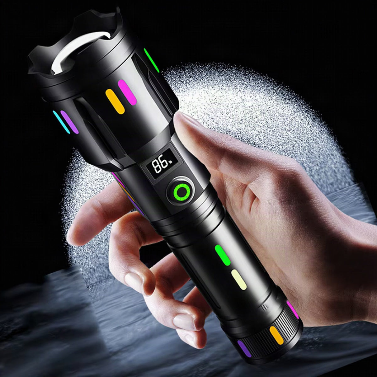Linterna LED recargable con indicador de batería, rompevidrios y USB-C