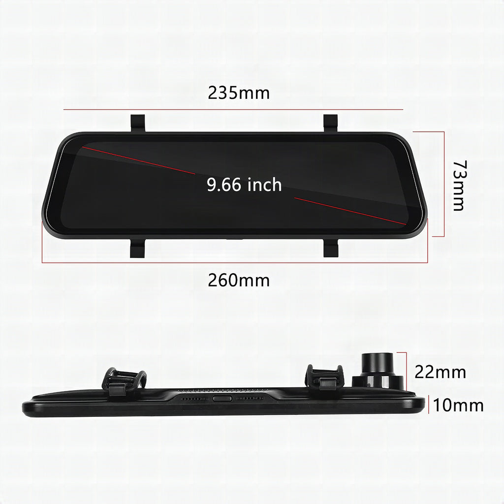 Espejo retrovisor con cámara dual HD, pantalla táctil de 9,66" y GPS integrado