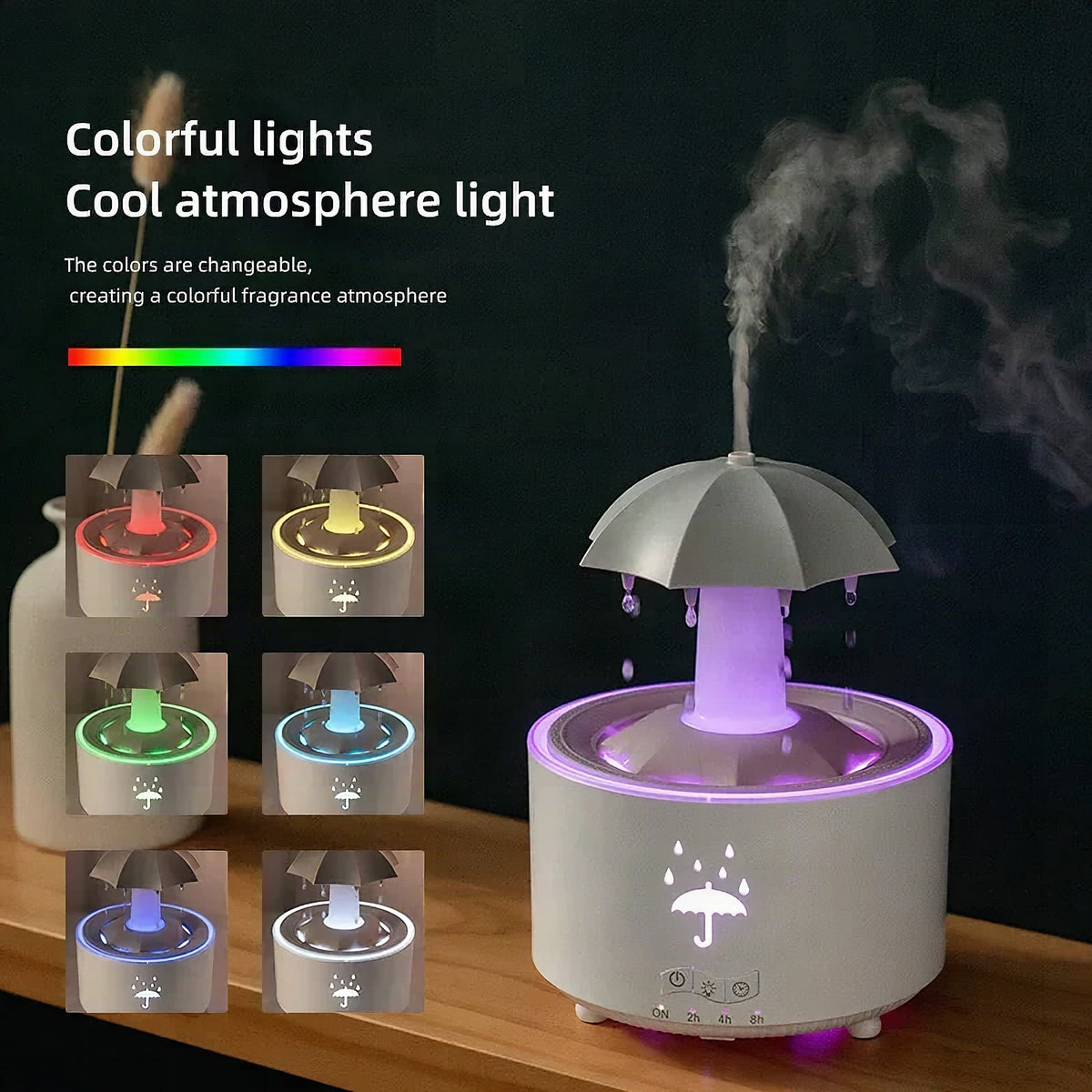 Humidificador de aire con forma de paraguas y gotas de agua