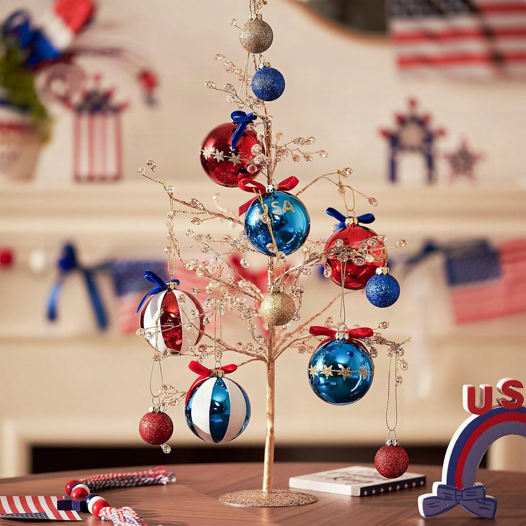 Set de bolas navideñas patrióticas con purpurina, superficies espejo y lazo decorativo
