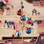 Set de bolas navideñas patrióticas con purpurina, superficies espejo y lazo decorativo