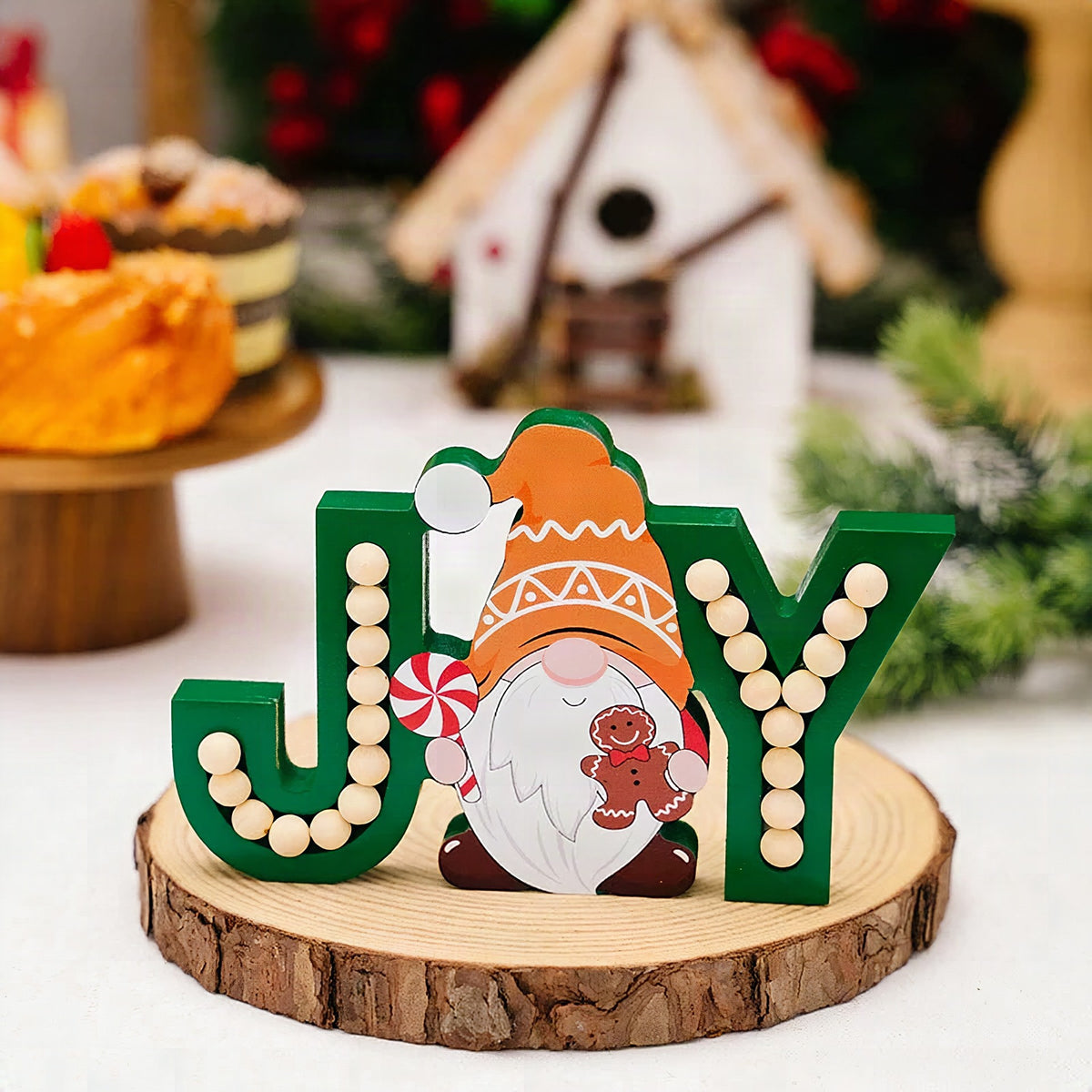 Adorno navideño de madera gnomo jengibre JOY