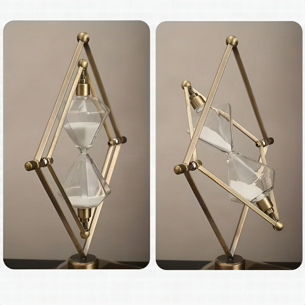 Reloj de arena con marco metálico geométrico – Decorativo y relajante con arena blanca
