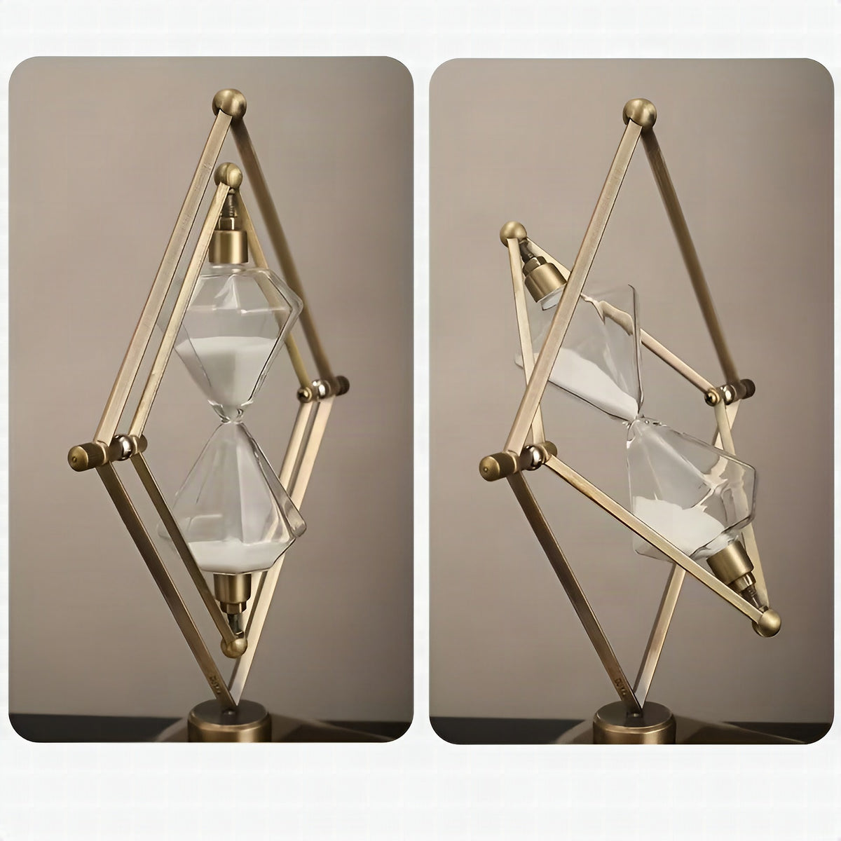 Reloj de arena con marco metálico geométrico – Decorativo y relajante con arena blanca