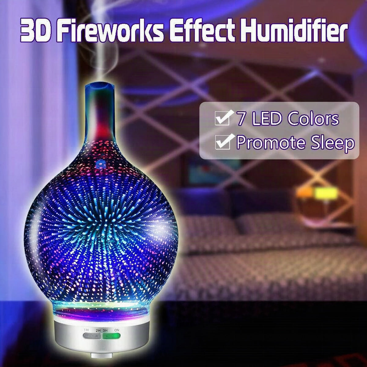 Difusor de aceites esenciales y humidificador con efecto 3D de fuegos artificiales