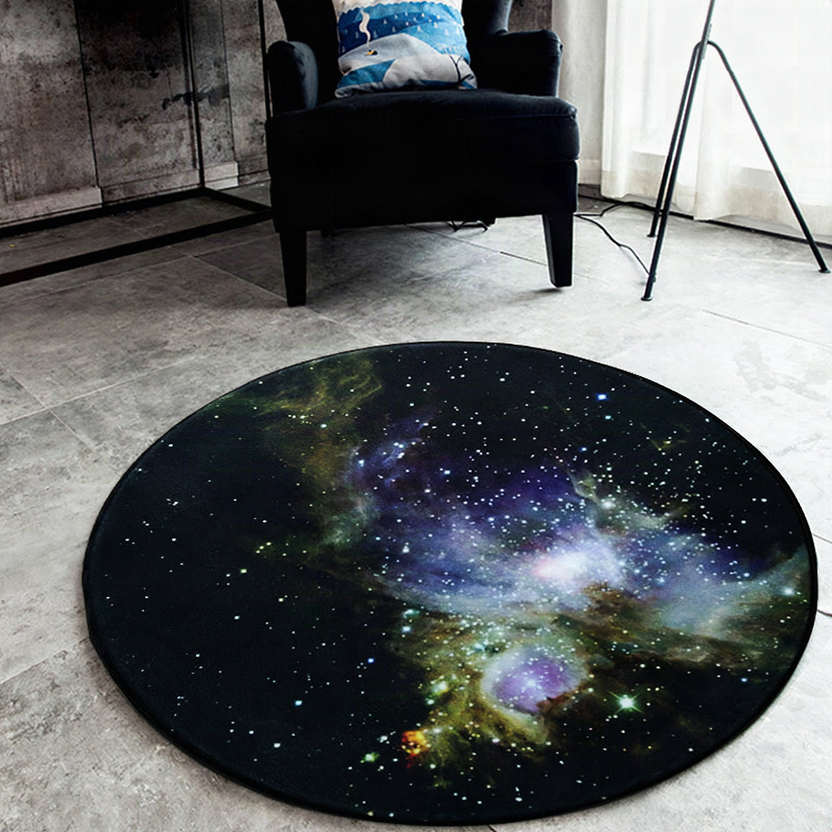 Alfombra redonda con patrón de galaxia negra de poliéster, lavable, antideslizante y apta para mascotas