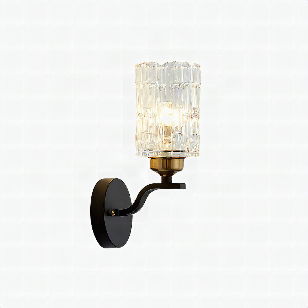 Aplique de pared contemporáneo con cilindro de cristal transparente y brazo curvo metálico negro