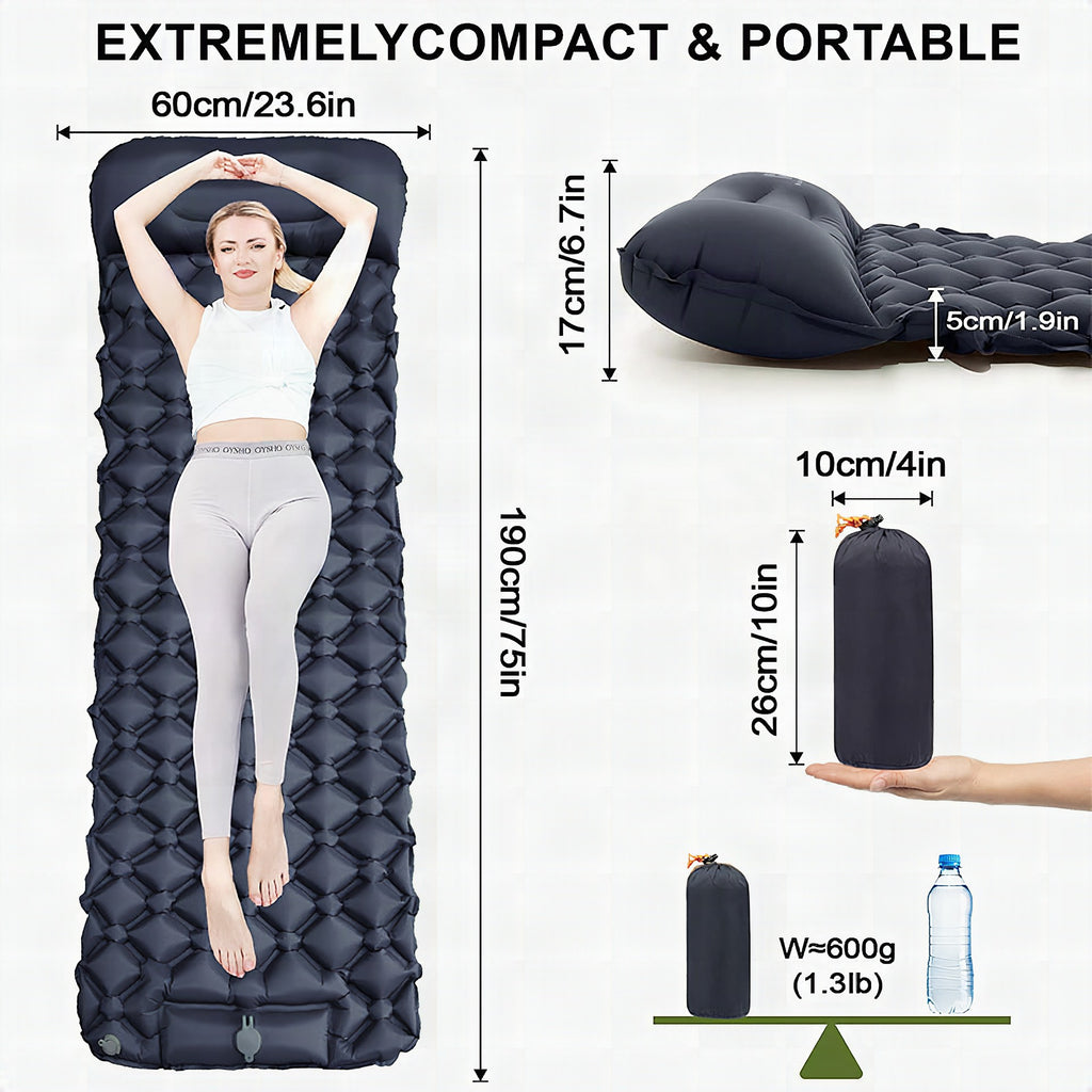 Colchoneta hinchable con reposacabezas integrado y sistema de válvula cómodo