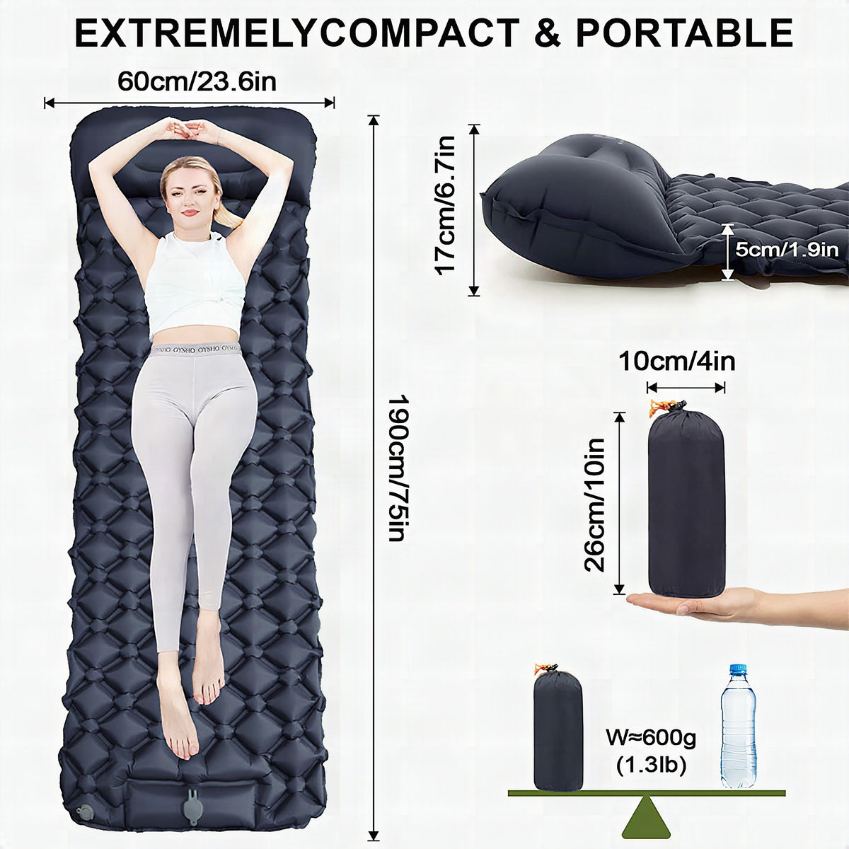 Colchoneta hinchable con reposacabezas integrado y sistema de válvula cómodo