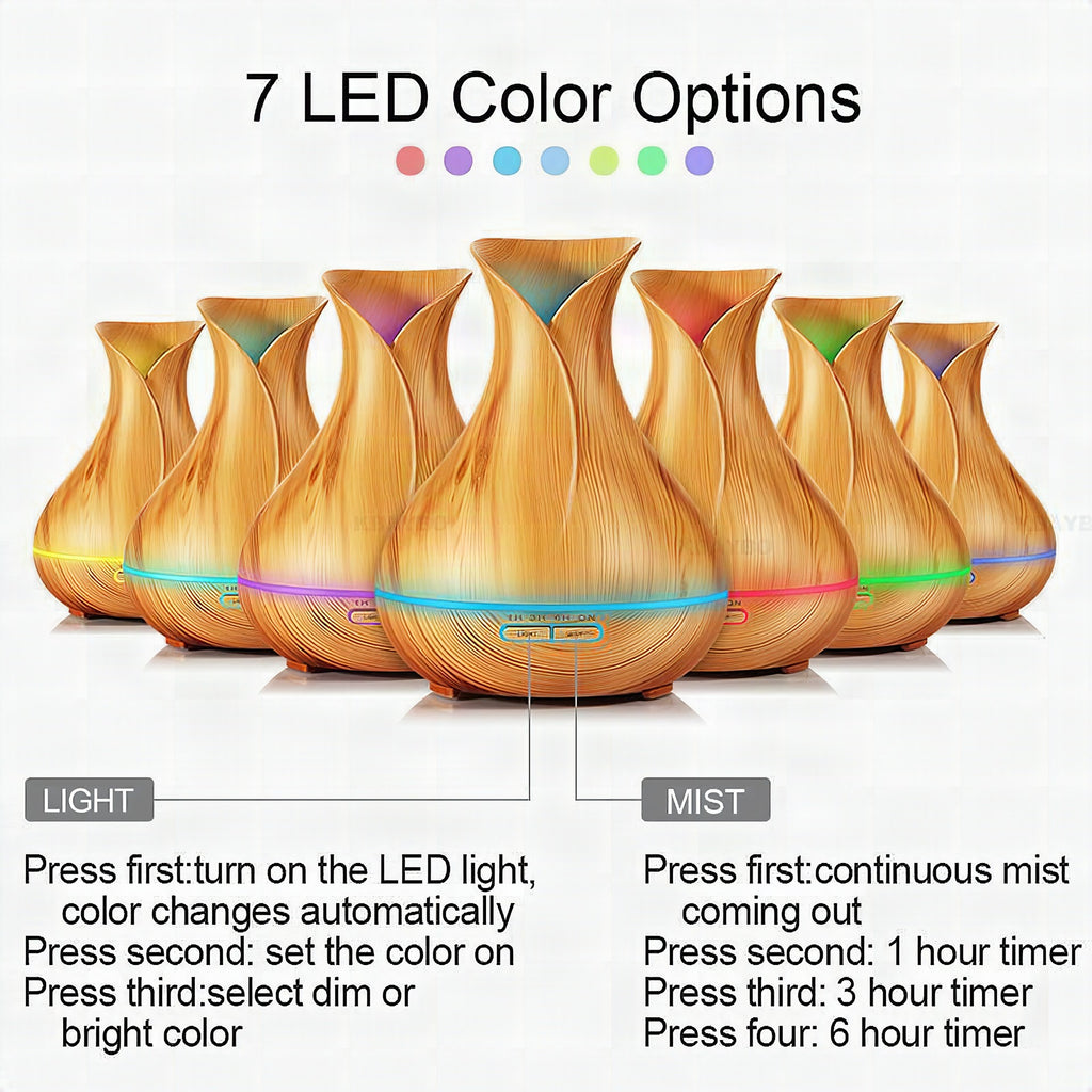 Difusor de aceites esenciales con luz LED y mando a distancia