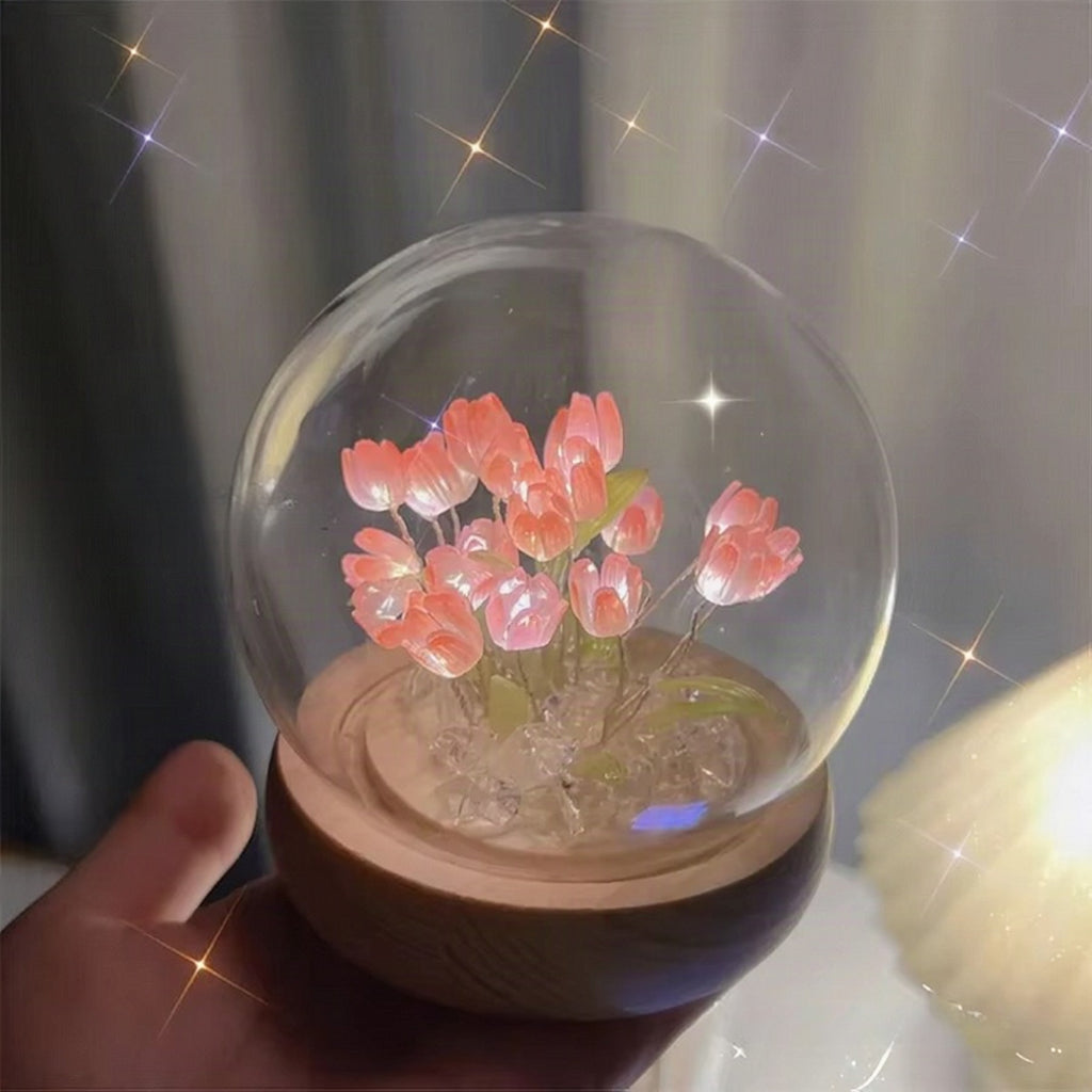 Lámpara de noche LED con tulipanes artificiales hechos a mano