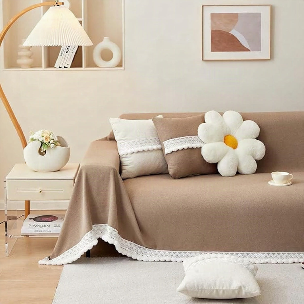 Funda de sofá de chenilla clásica con borde de encaje