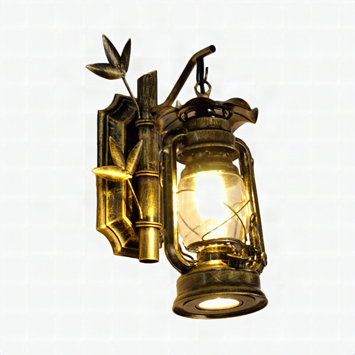 Aplique de pared industrial farol 1 luz con cristal transparente y placa trasera de bambú metálico