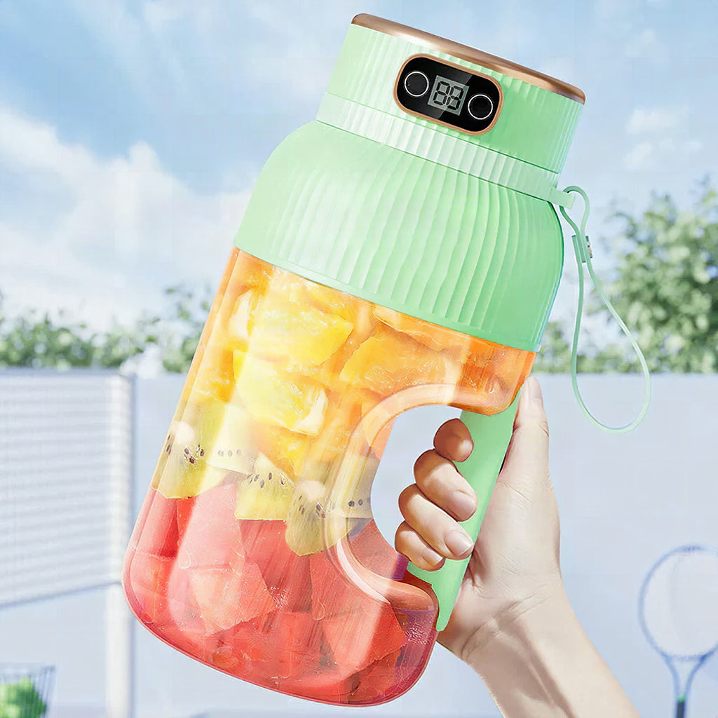 Batidora portátil multifunción con doble tapa y carga USB para smoothies y almacenamiento