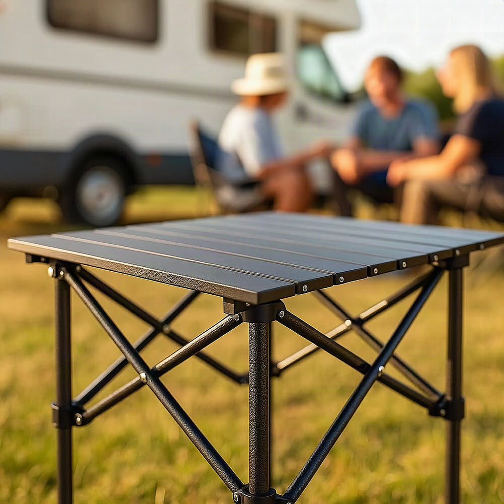 Mesa plegable de exterior con superficie resistente al calor y a los arañazos