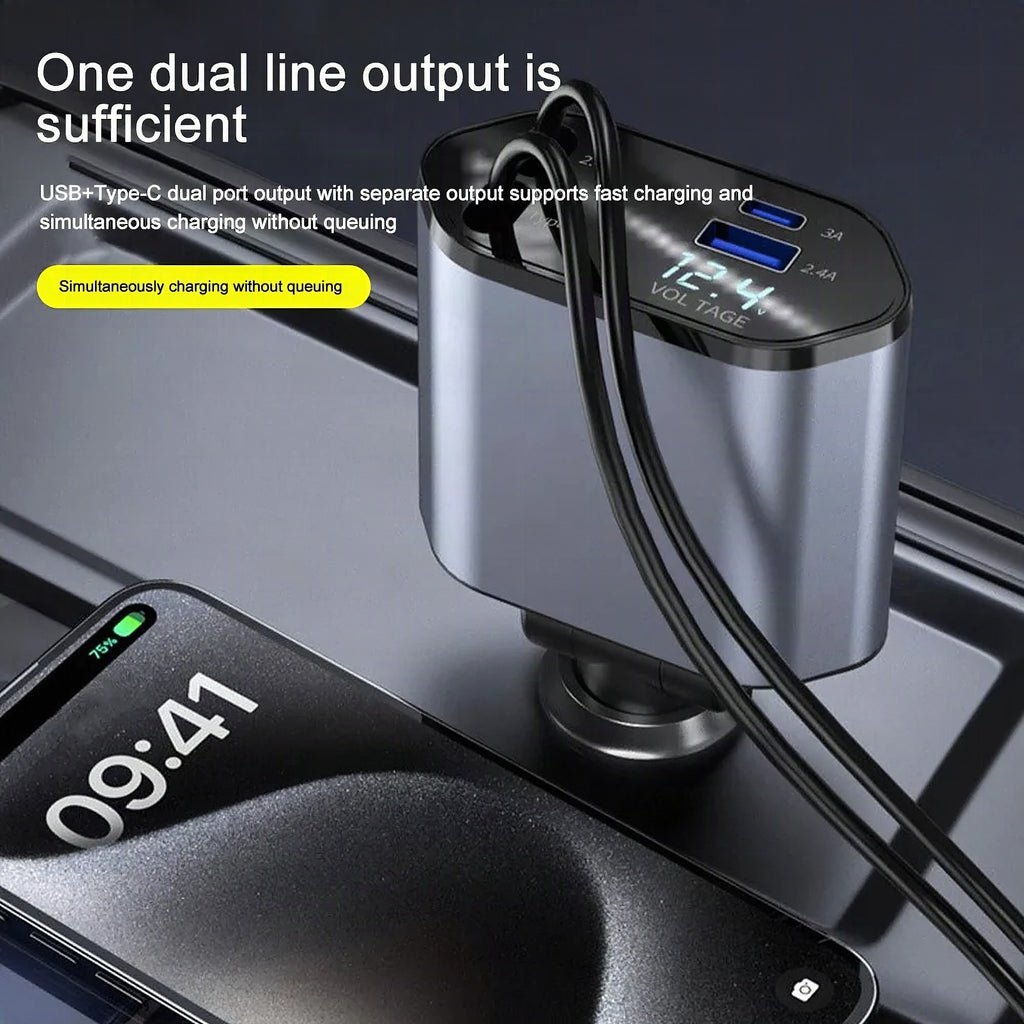 Cargador de coche plegable con USB-C y USB-A – Carga rápida de 120 W