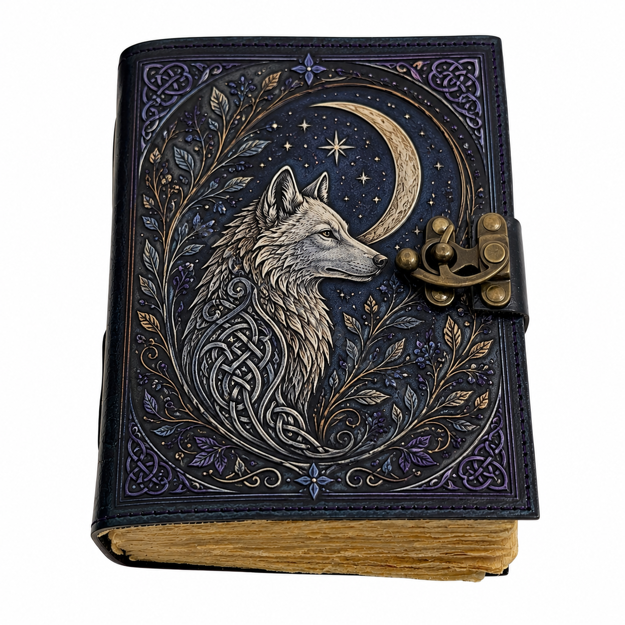 Cuaderno Místico Lobo Celestial bajo la Luna con Cierre Metálico Vintage