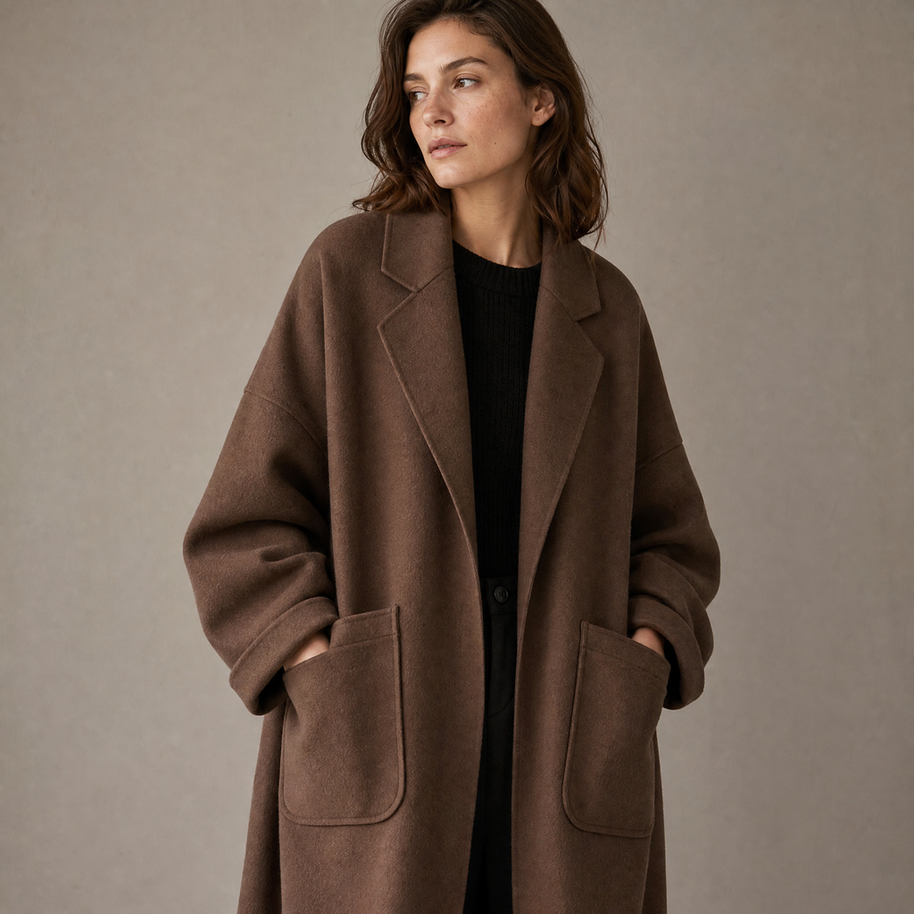 Abrigo oversize de mujer con solapas y bolsillos de parche, puños vueltos y hombros caídos, café o negro, tallas S a 4XL