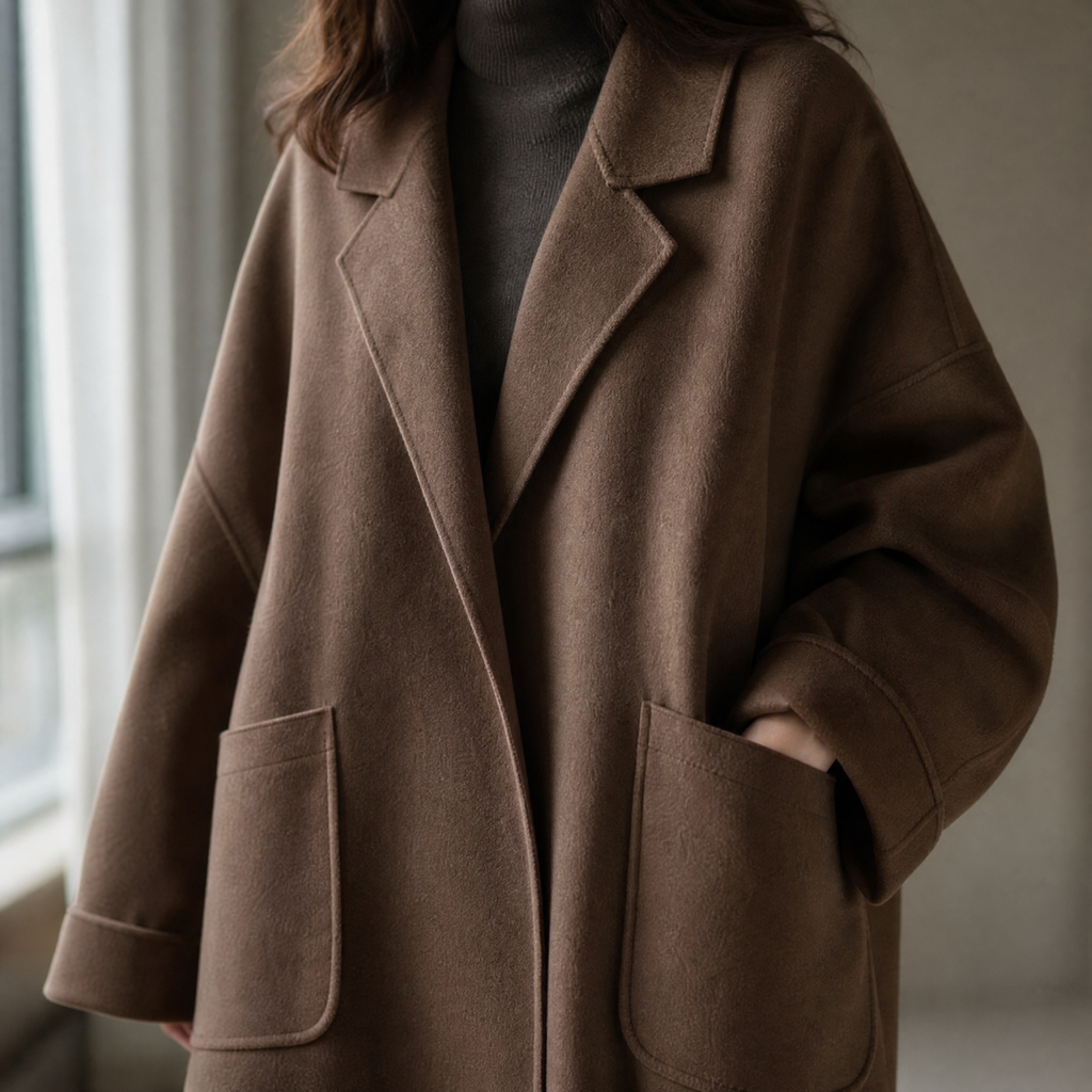 Abrigo oversize de mujer con solapas y bolsillos de parche, puños vueltos y hombros caídos, café o negro, tallas S a 4XL