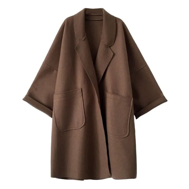 Abrigo oversize de mujer con solapas y bolsillos de parche, puños vueltos y hombros caídos, café o negro, tallas S a 4XL