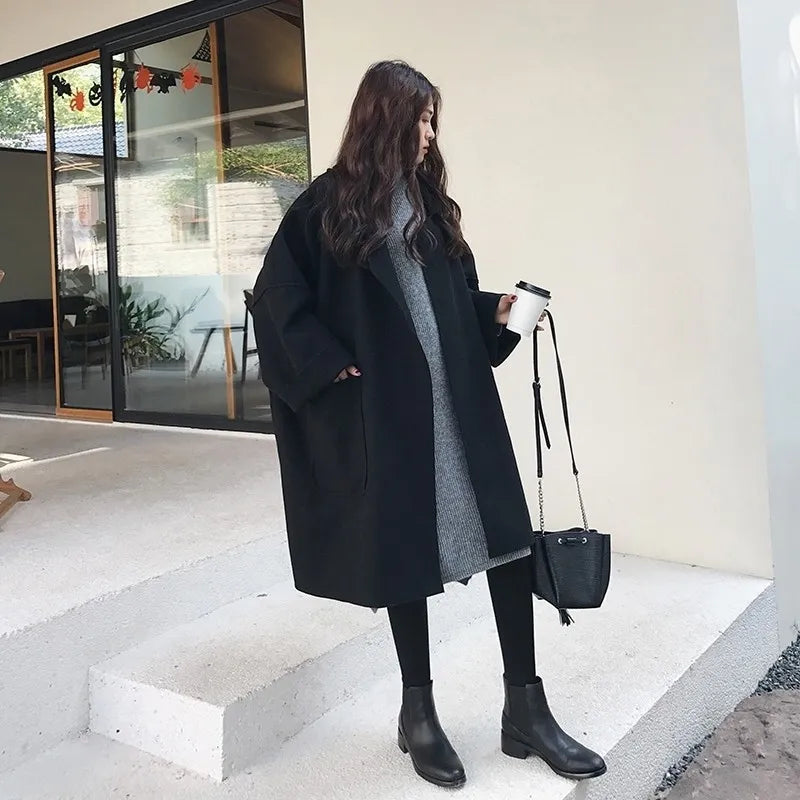 Abrigo oversize de mujer con solapas y bolsillos de parche, puños vueltos y hombros caídos, café o negro, tallas S a 4XL