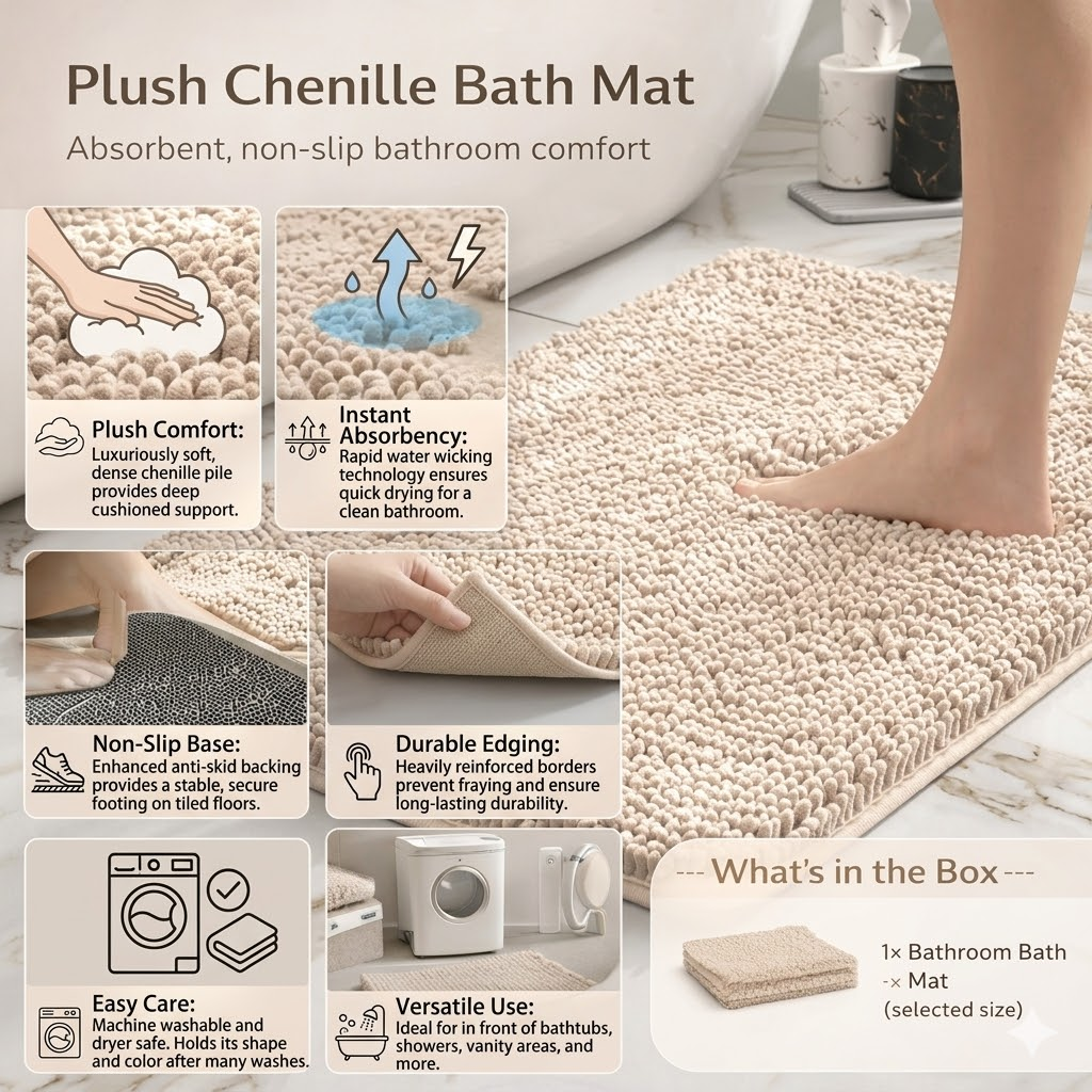Alfombra de baño antideslizante de felpa chenilla — Pelo grueso de microfibra, superficie absorbente