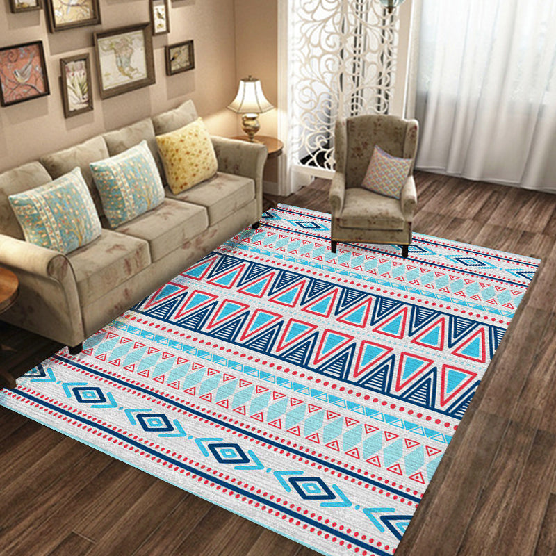 Alfombra geométrica tribal con rayas azules de poliéster, apta para mascotas