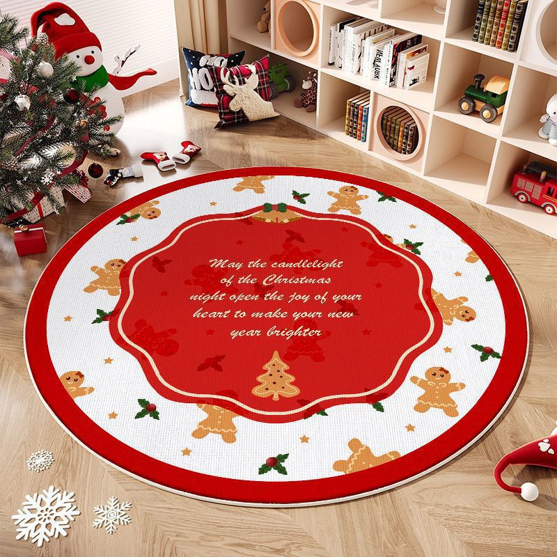 Alfombra redonda navideña con diseño de árbol y regalos