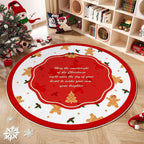Alfombra redonda navideña con diseño de árbol y regalos