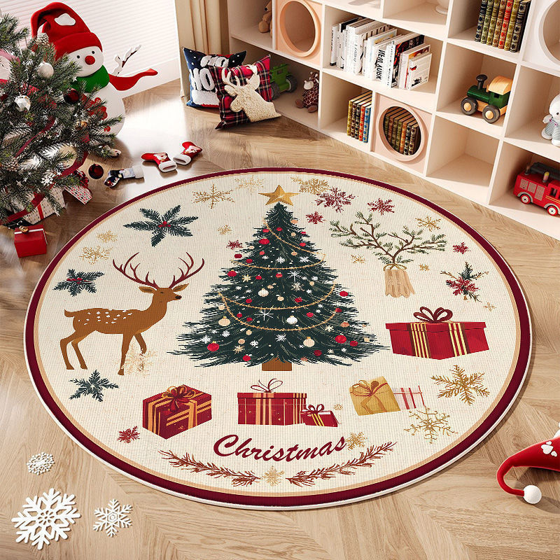 Alfombra redonda navideña con diseño de árbol y regalos