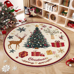 Alfombra redonda navideña con diseño de árbol y regalos