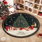 Alfombra redonda navideña con diseño de árbol y regalos