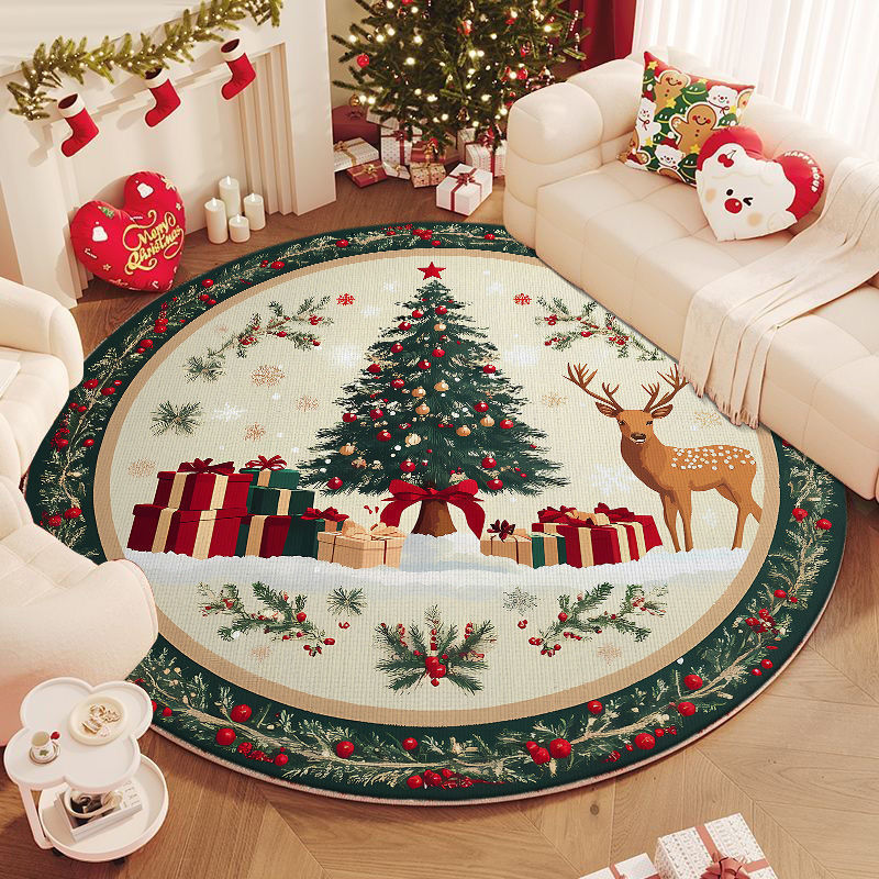 Alfombra redonda navideña con diseño de árbol y regalos