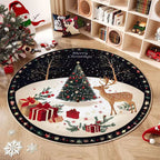 Alfombra redonda navideña con diseño de árbol y regalos