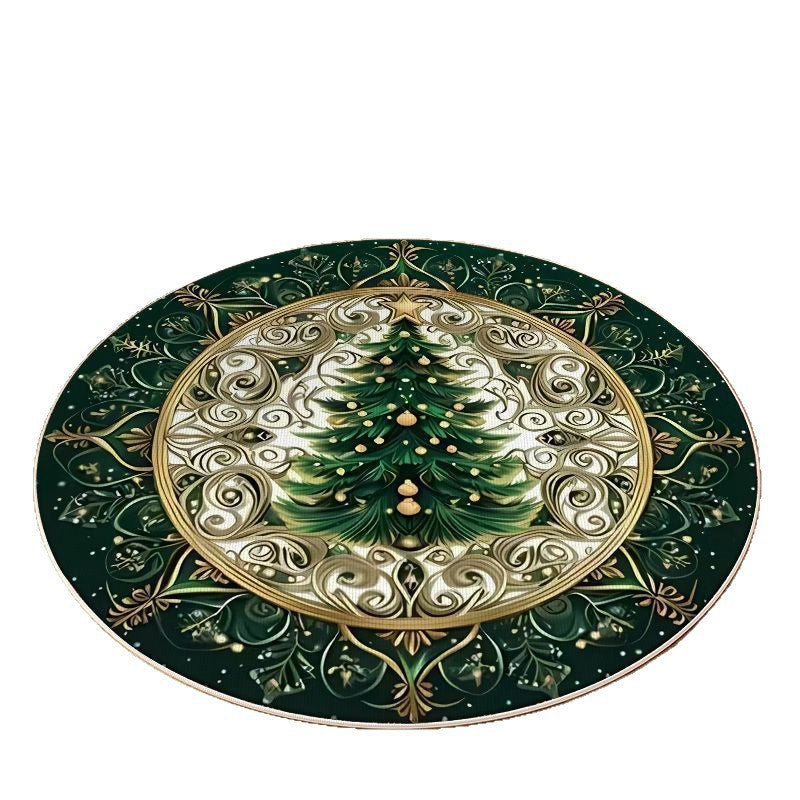 Alfombra redonda navideña con diseño de árbol y regalos
