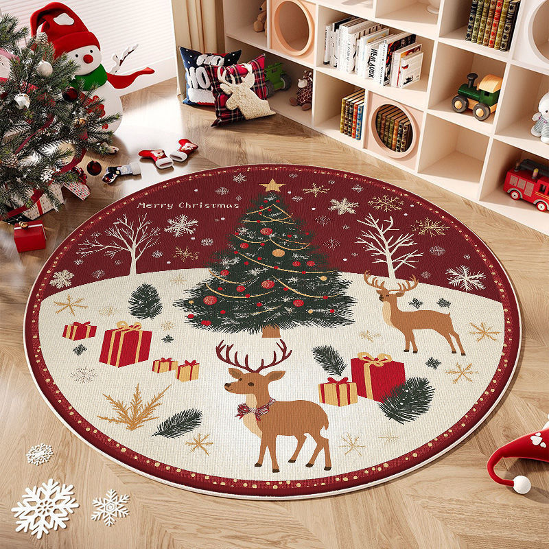 Alfombra redonda navideña con diseño de árbol y regalos